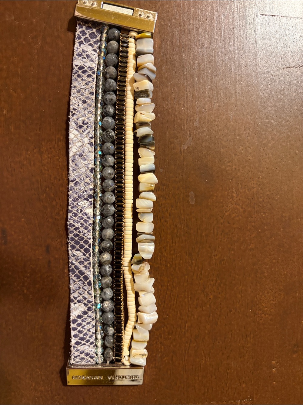Victoria Emerson Neutral Multi-Row Beaded & Snake-Print Bracelet Silver